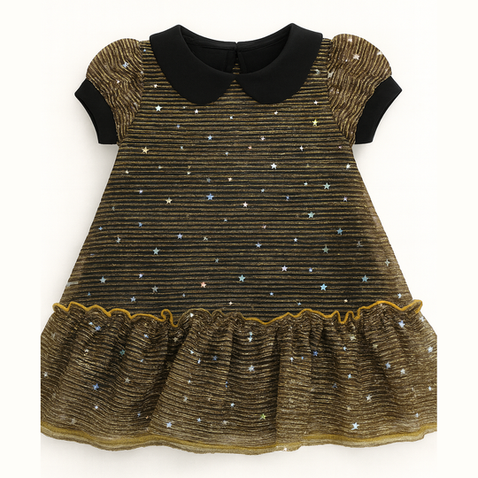 Girls’ Shimmer Star Party Dress With Peter Pan Collar Black & Gold