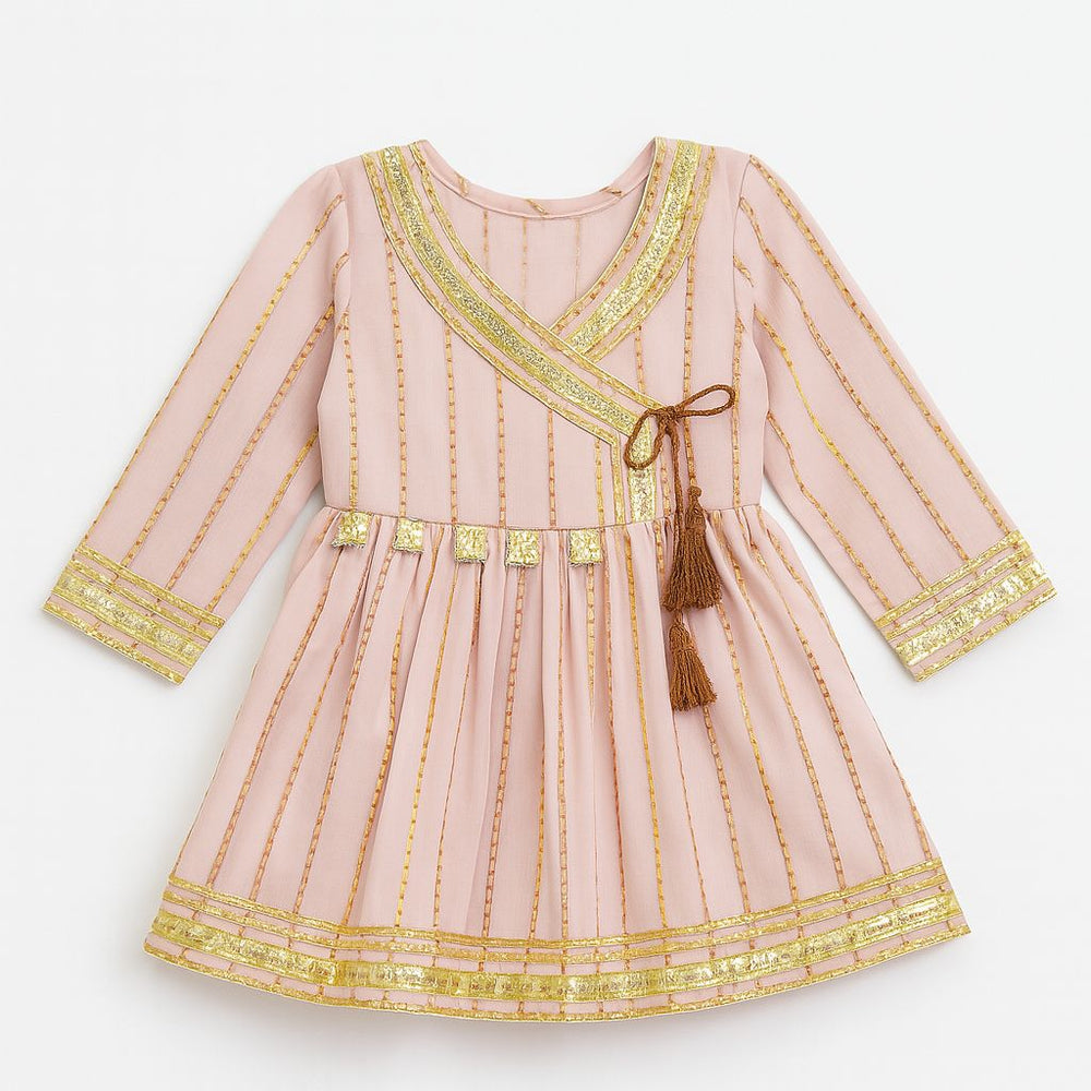 Blush Pink & Gold Embellished Long‑Sleeve Party Dress (Girls)