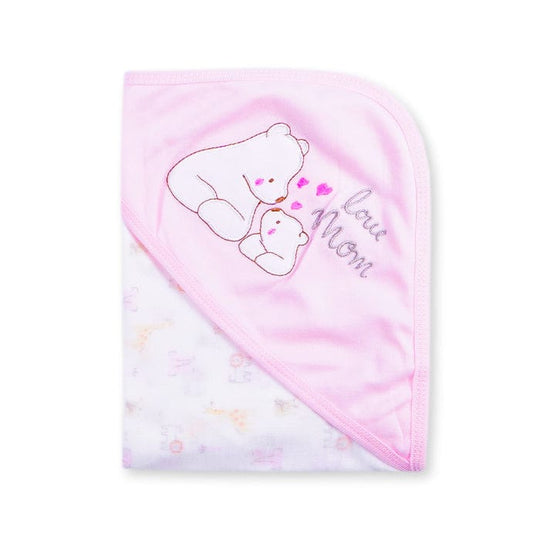 Love Mom Bear Embroidered Hooded Baby Towel  Soft Pink Cotton Wrap