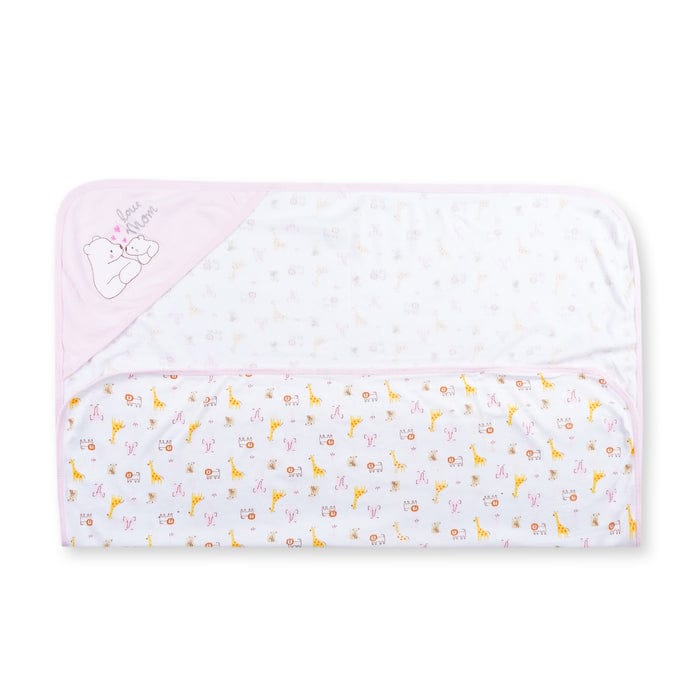 Love Mom Bear Embroidered Hooded Baby Towel  Soft Pink Cotton Wrap