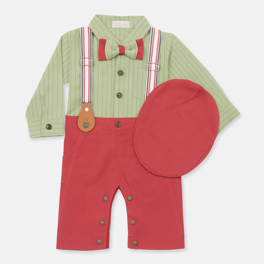 Vintage-Inspired Baby Boy Suspender Outfit With Bow Tie & Cap 3-Piece Set