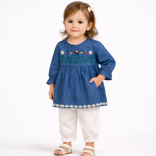 Denim Bloom Embroidered 2PCS Summer Suit