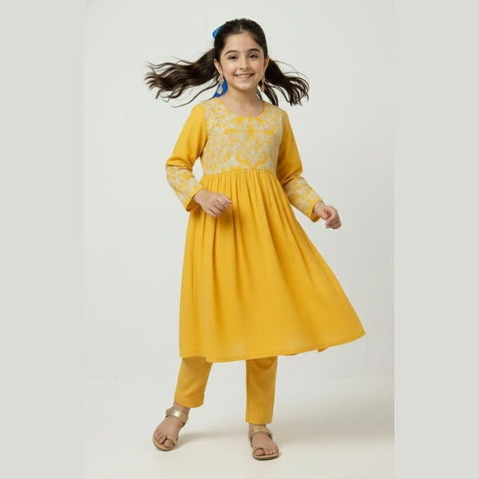 Golden Glow Embroidered 2-Piece Cotton Frock Suit