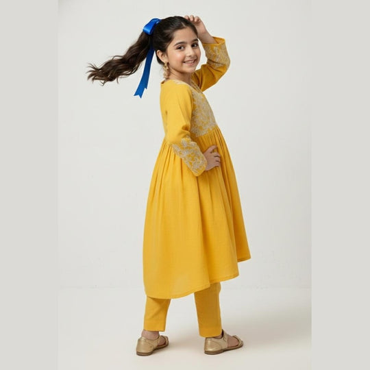 Golden Glow Embroidered 2-Piece Cotton Frock Suit