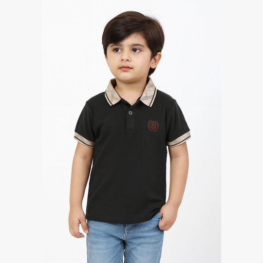 Black Polo Boys T-Shirt (Check Print Collar) For Boys