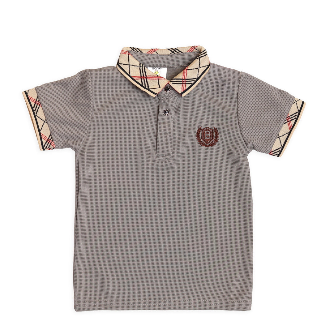 Grey Polo T-Shirt (Check Print Collar) For Boys