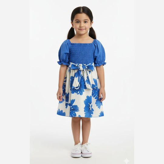 Bold Floral Print Smocked Frock with Waist Bow