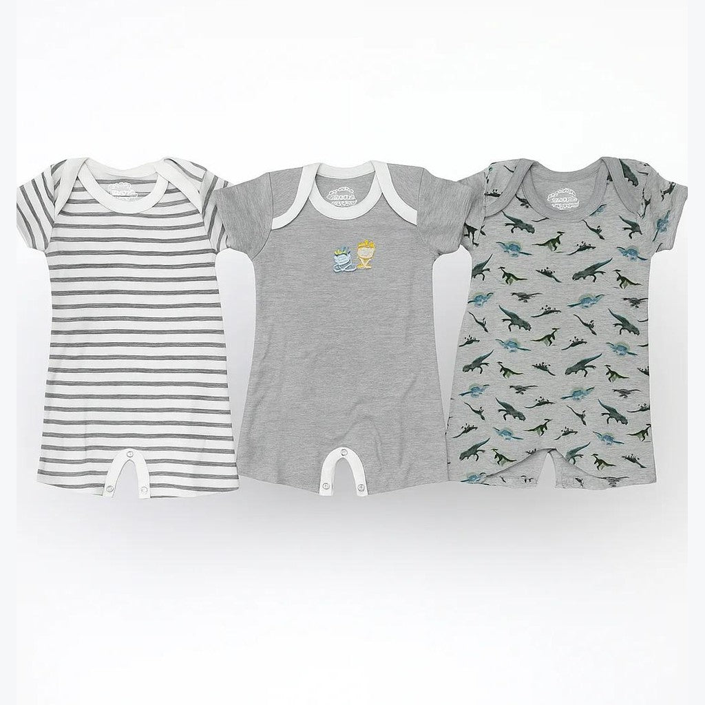 Baby Short-Leg Romper Pack Of 3 Multi Design Dino Grey