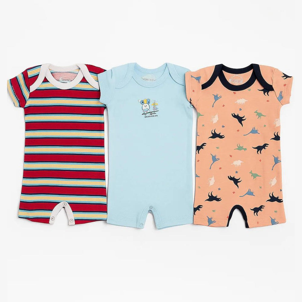 Baby Short-Leg Romper Pack Of 3 Multi Design Blue
