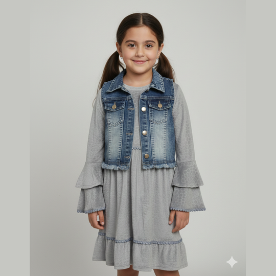 Baby Girl Velvet Dress With Denim Jacket Set