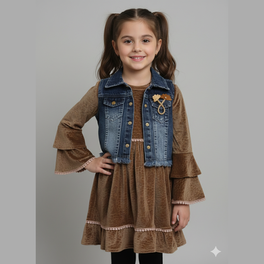 Baby Girl Velvet Dress With Denim Jacket Set